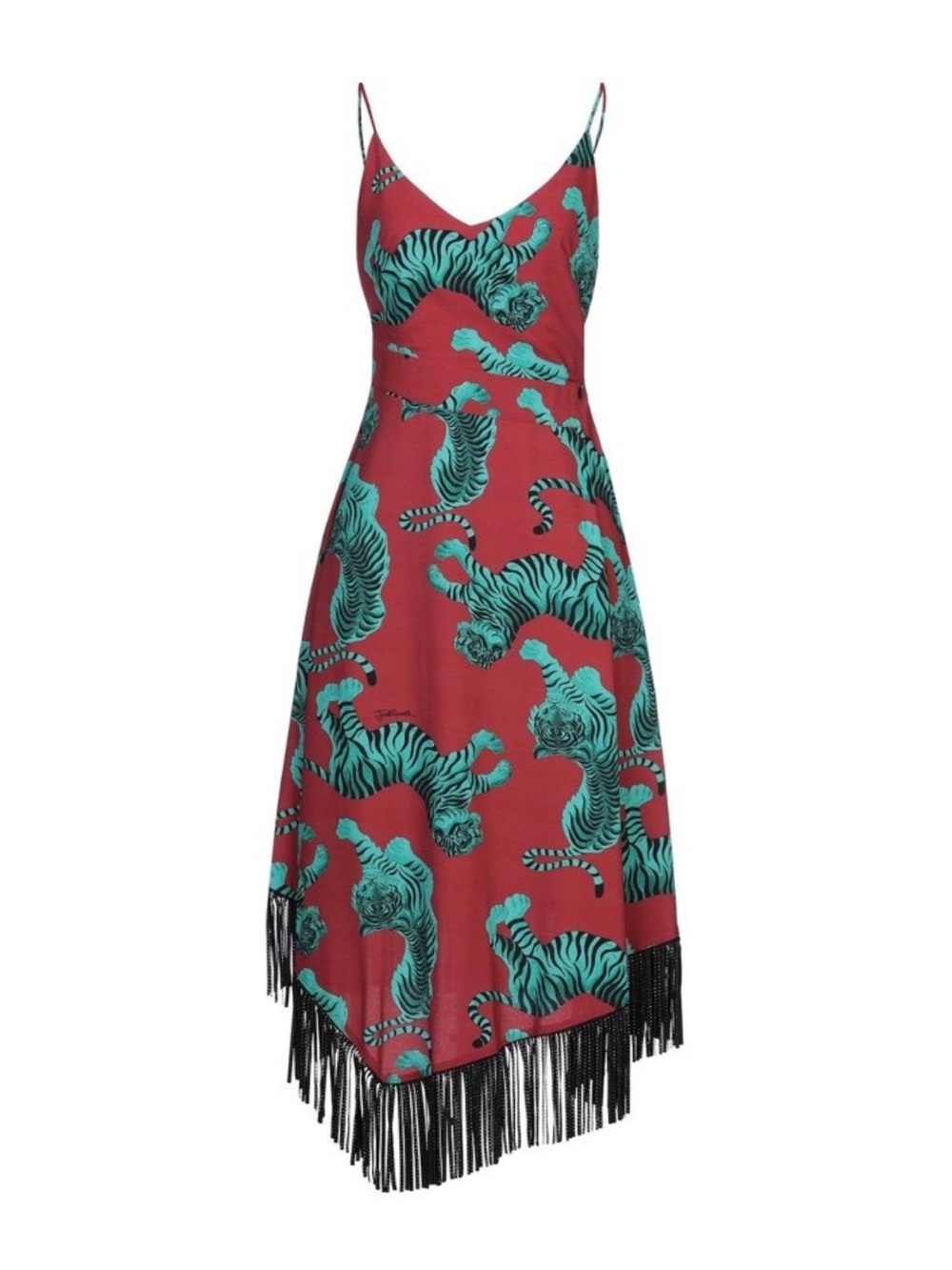 Just Cavalli Red tiger Dress with Teal Tiger Print and Fringe size small